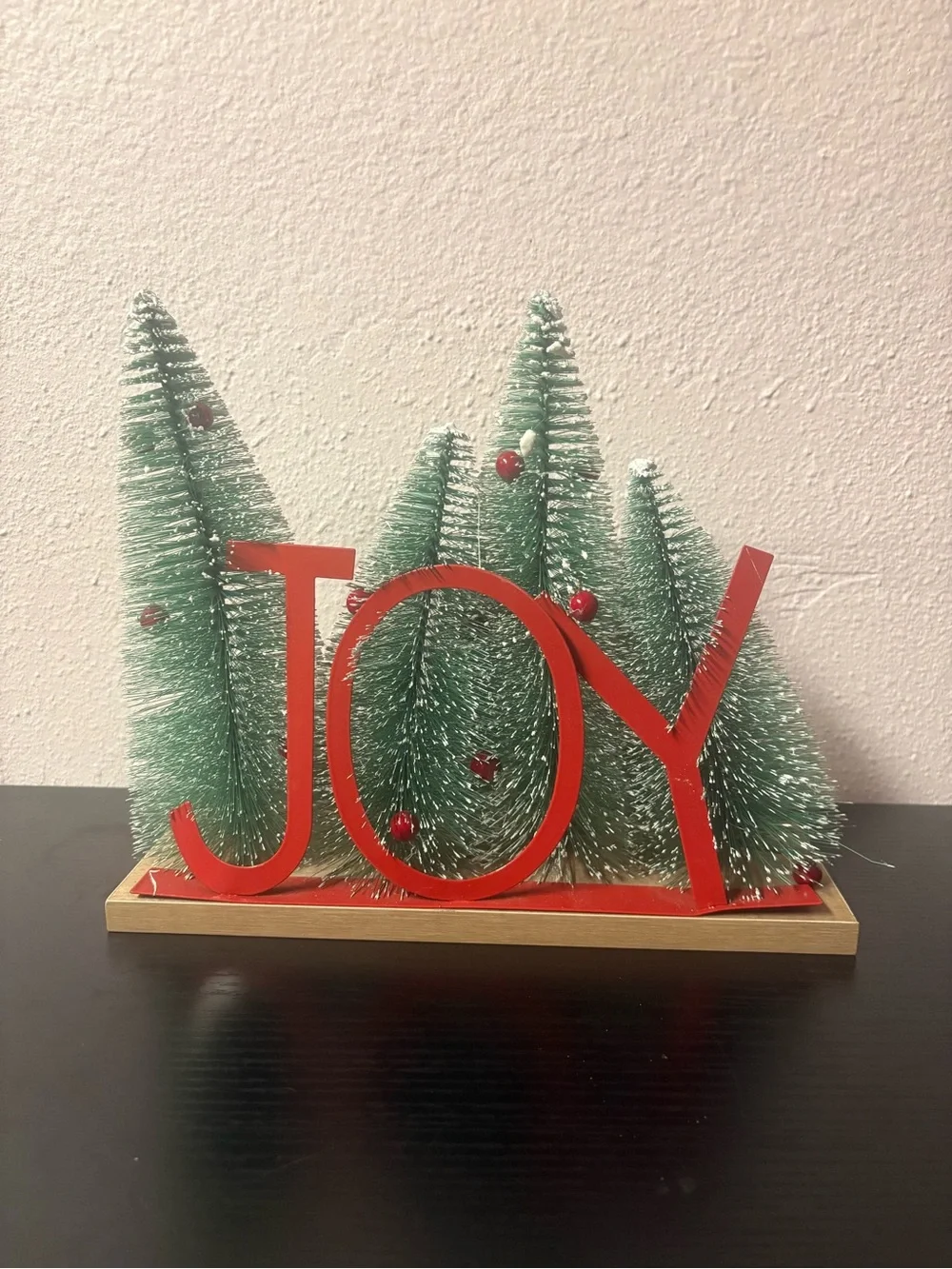 Christmas JOY Tabletop Decor with Bottle Brush Trees Holiday Centerpiece